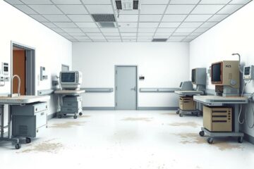 Een verlaten ziekenhuiskamer met verouderde medische apparatuur en stof.