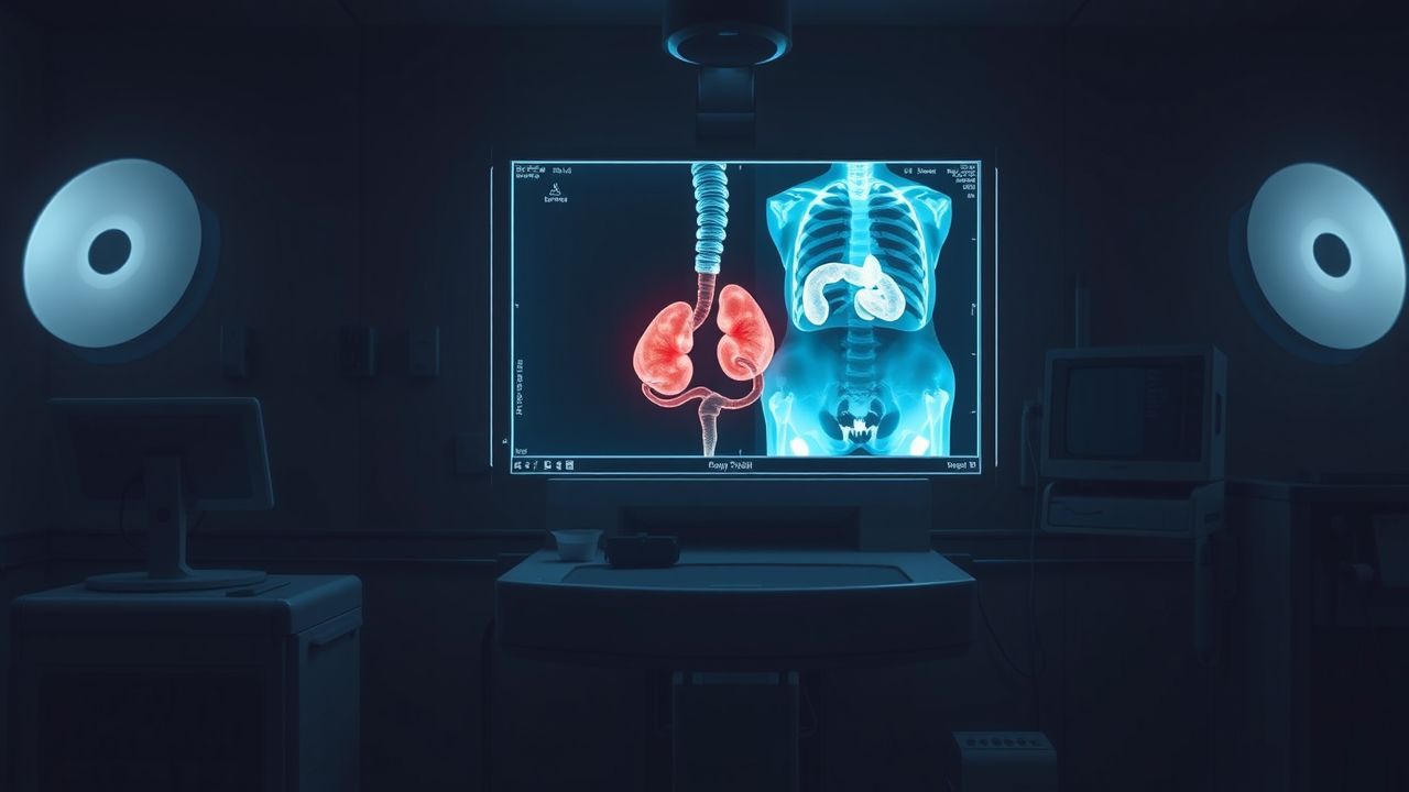 Een donkere ziekenhuiskamer met een röntgenmachine die een abnormale scan van de urinewegen laat zien. Een donkere ziekenhuiskamer met een röntgenmachine die een abnormale scan van de urinewegen laat zien.