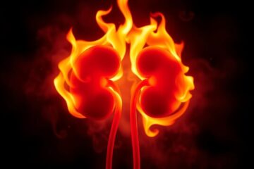 Een niervormig object omringd door felle vlammen, symboliseert intense brandende sensatie door gezondheidsproblemen.