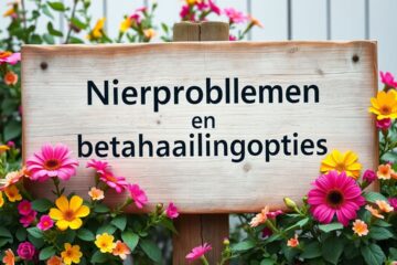 Een oude houten bord met de tekst 'Nierproblemen en behandelingsopties' omringd door bloeiende bloemen.