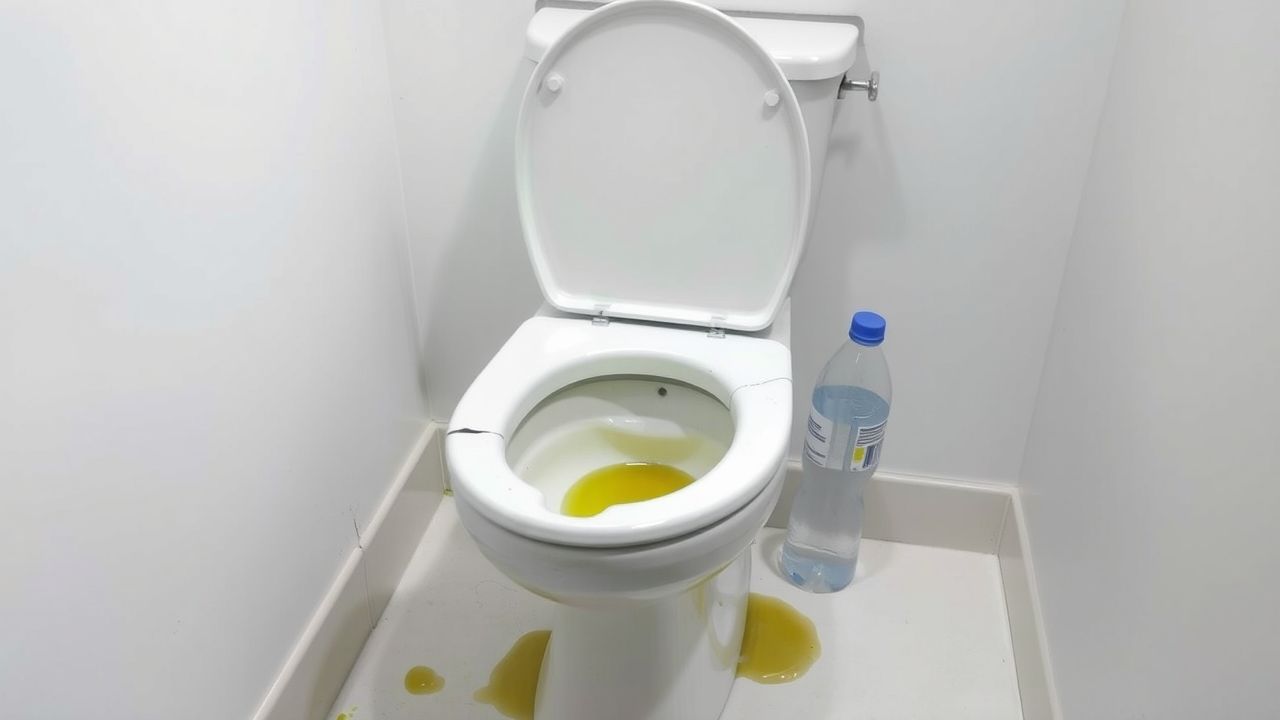 Een verwaarloosde badkamer met een kapotte toiletpot en plas op de vloer.