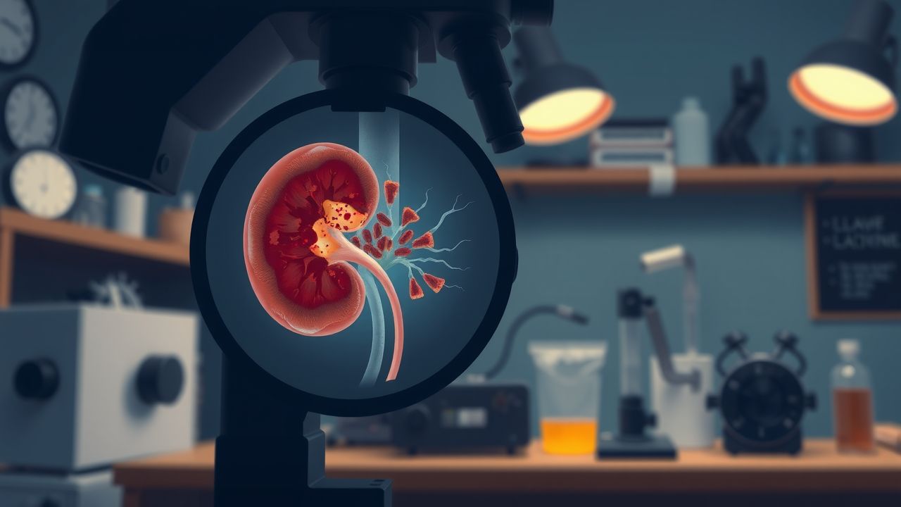 Een beschadigde niercel door het coronavirus wordt onderzocht in het laboratorium.