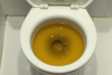 Een vuile toiletpot met urine en gebarsten tegels in de badkamer.