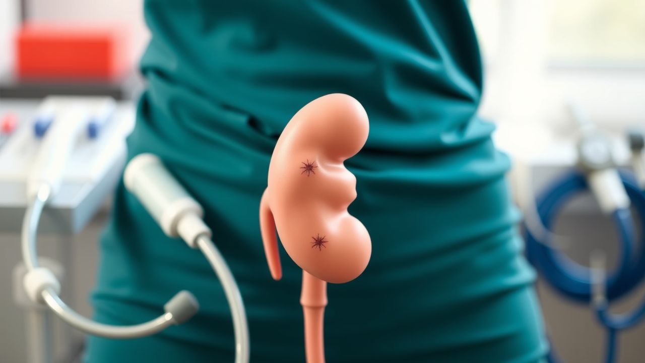 Een platte designafbeelding van een niervormig orgaan met zichtbare tekenen van endometriose.