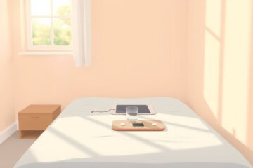 Een opgeruimde slaapkamer met een opgemaakt bed en waterglas.