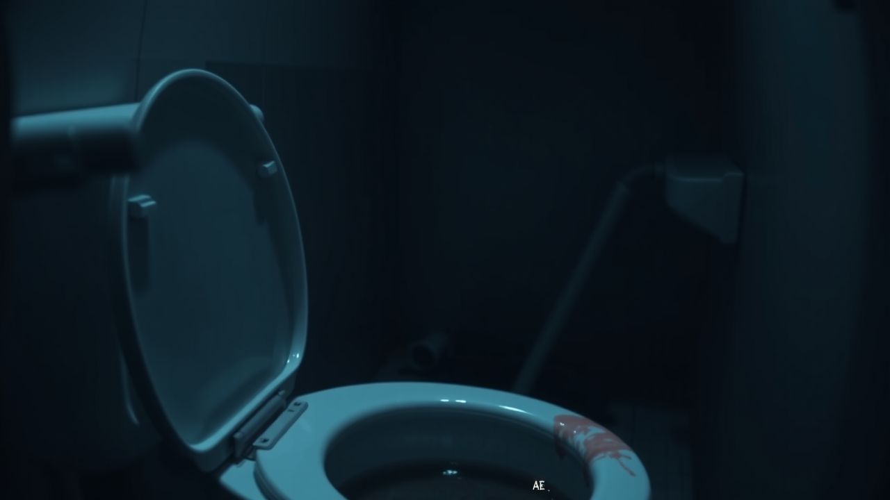 Een verwaarloosde en enge badkamer met een vuile toiletpot.