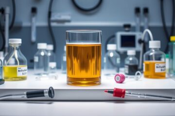 Een laboratoriumtafel met een glazen container gevuld met donkergeel vloeistof.