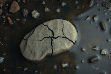 Een gebarsten nier-vormige steen in vervuild water, symboliseert afvalfiltratie in natuurlijke omgeving.