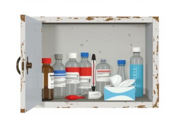 Een oude medicijnkast met diverse medicijnen en benodigdheden.