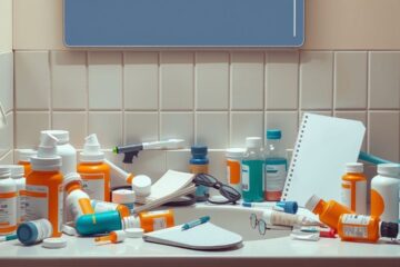 Een rommelige badkamer met medicijnen, een drinkglas en notitieblok.