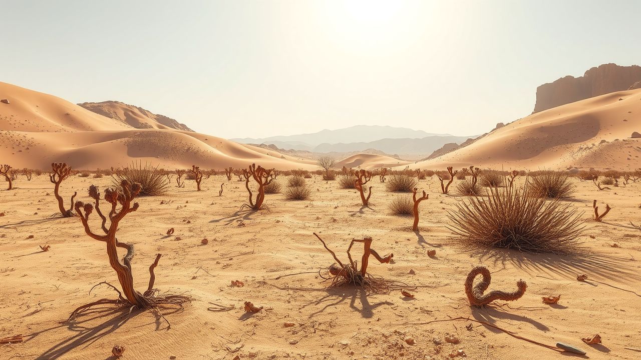 Een droog en verlaten woestijnlandschap met schaarse vegetatie.