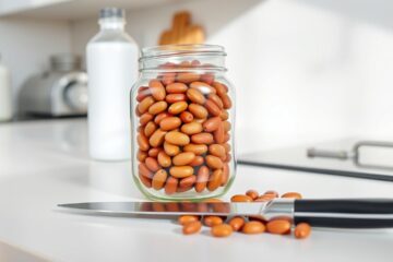 Een glazen pot gevuld met kidneybonen op een witte keukenaanrecht met een mes.