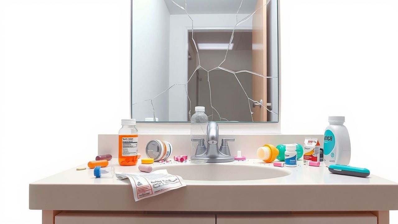 Een rommelige badkamer met medicijnen en een gescheurd recept.