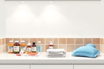 Een georganiseerde badkamerplank met medicijnen, water en warmwaterkruiken.