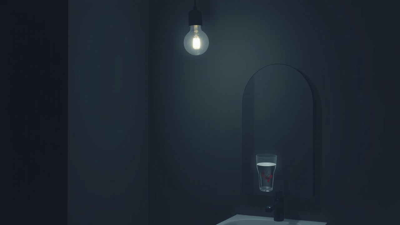 Een verwaarloosde badkamer met een flikkerende lamp, spiegel en halfvol glas water.