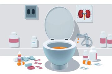 Een toilet met tekenen van diarree en medische benodigdheden eromheen.