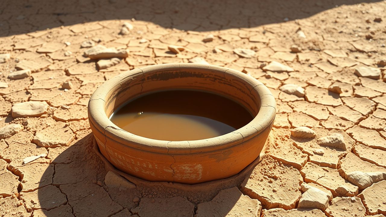 Een oude kleipot staat in een droge woestijn met vuil water. Een oude kleipot staat in een droge woestijn met vuil water.