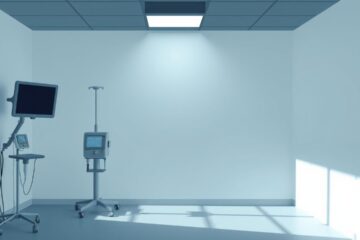 Een eenzame dialyse machine in een donker ziekenhuis.