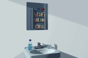 Een donker verlichte badkamer met pillenflessen in de spiegel.