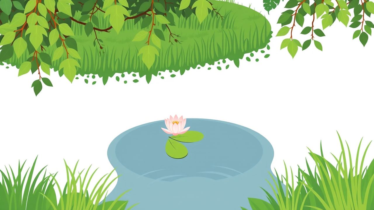 Een rustige vijver met een waterlelie en groen landschap.