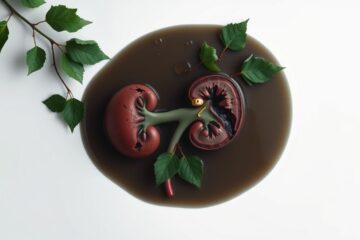 Een beschadigde nier in troebel water symboliseert het verband tussen lage rugpijn en nierschade na een coronavirusinfectie.