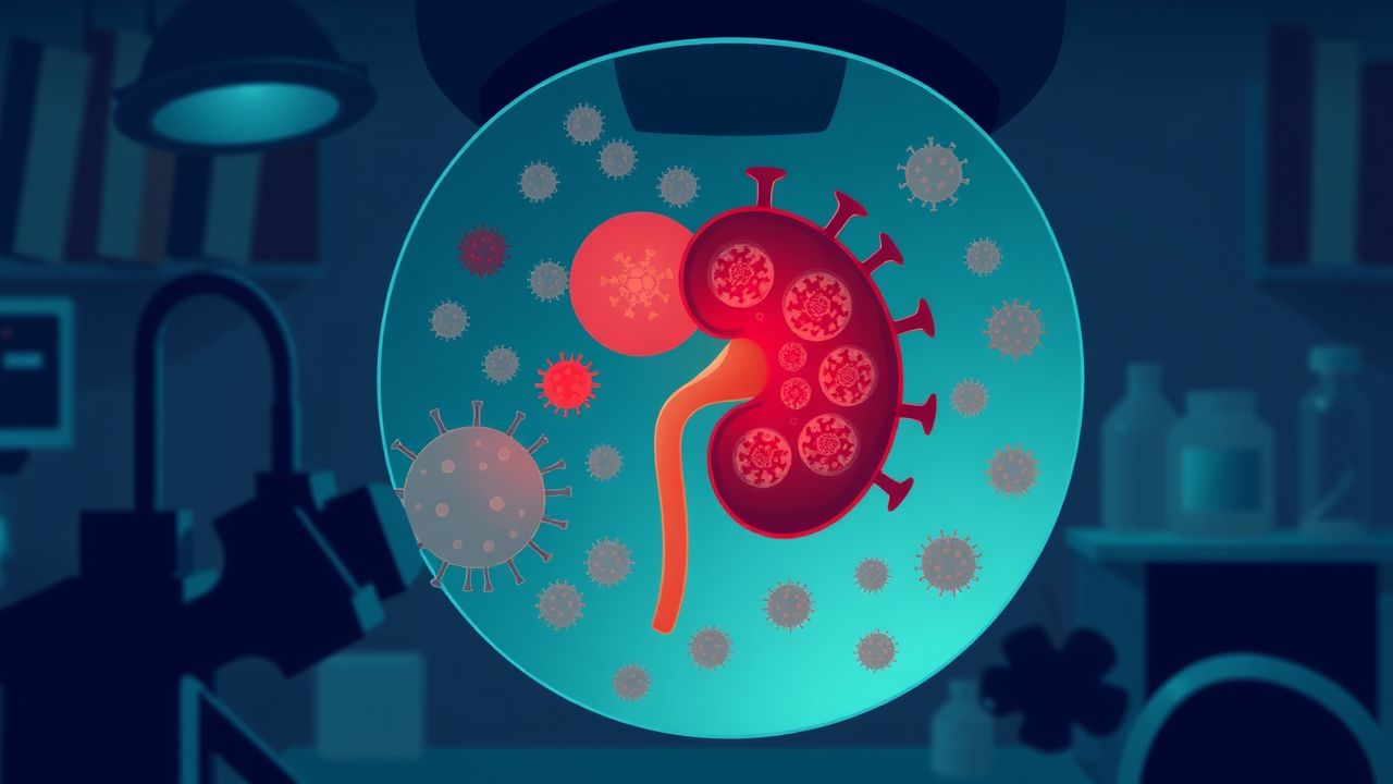 De illustratie toont beschadigde niercellen door het coronavirus in een laboratorium.