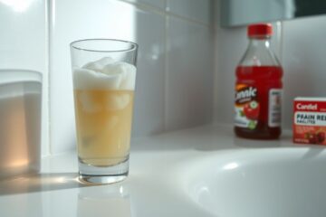 Een glas met troebele urine naast cranberrysap en pijnstillers op een witte badkamer toonbank.