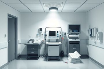 Een ziekenhuis dialyse kamer met medische benodigdheden en patiëntendossiers.