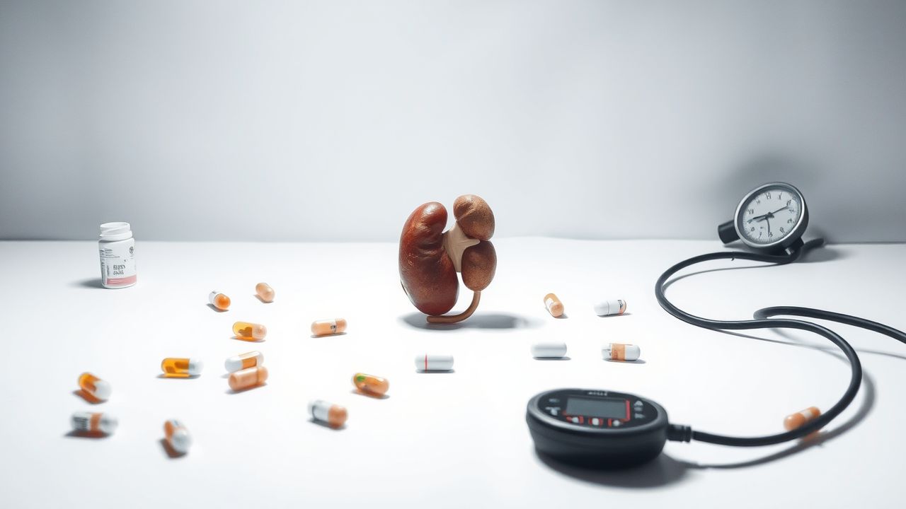 Een verzameling medische benodigdheden rond een niervormig object op tafel.