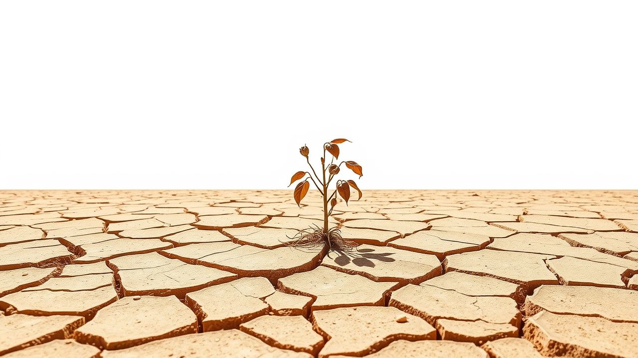 Een eenzame, verwelkte plant in een droge woestijnlandschap.