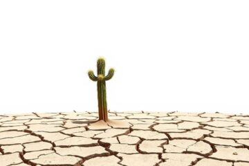 Een eenzame cactus staat veerkrachtig in een droog en gebarsten woestijnlandschap.