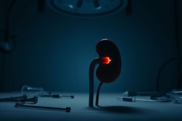 Een donkere en mysterieuze afbeelding van een niermodel en medische instrumenten in een operatiekamer.