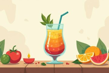 Vectorillustratie van een kleurrijke cocktail op een rustieke tafel.