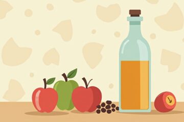 Minimalistische illustratie van appelciderazijn omringd door appels en bonen.