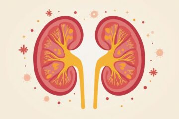 Minimalistische illustratie van een nierdoorsnede met nierstenen.