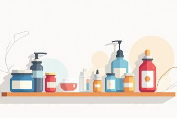 Minimalistische badkamerplank met kleurrijke supplementflessen en testkit.