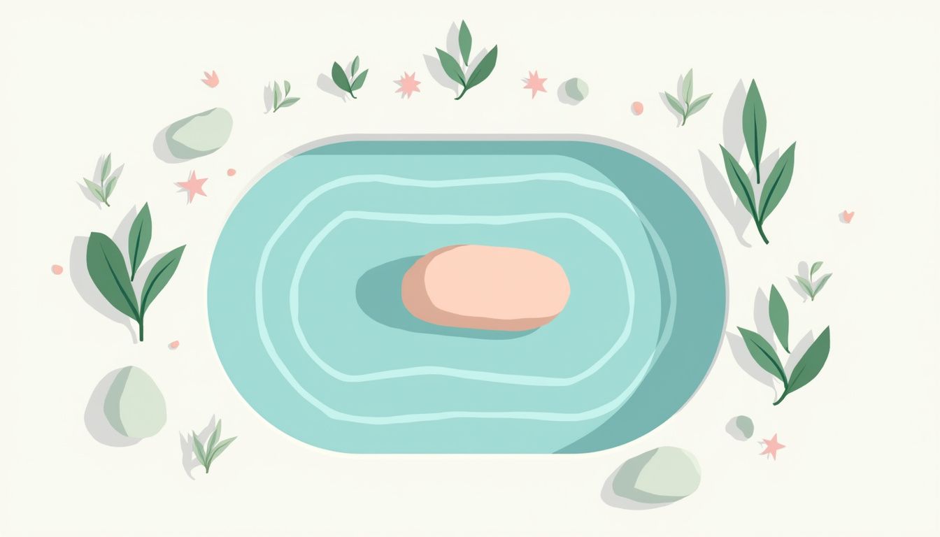 Minimalistische illustratie van een niervormig object in een rustig wateroppervlak.