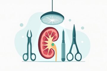Minimalistische vectorillustratie van een nier met verwijderde cyste en chirurgische instrumenten.