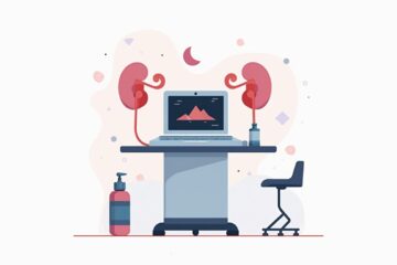 Minimalistische vectorillustratie van een medische opstelling met echotoestel.