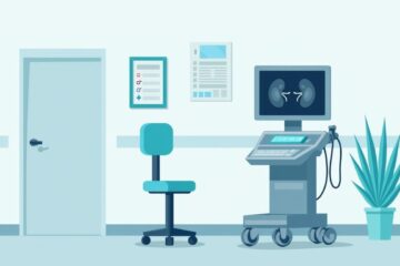 Minimalistische vectorillustratie van een ziekenhuisruimte met een echografieapparaat.