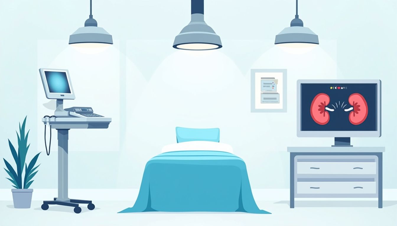 Minimalistische illustratie van een moderne radiologieruimte met echo-apparatuur.