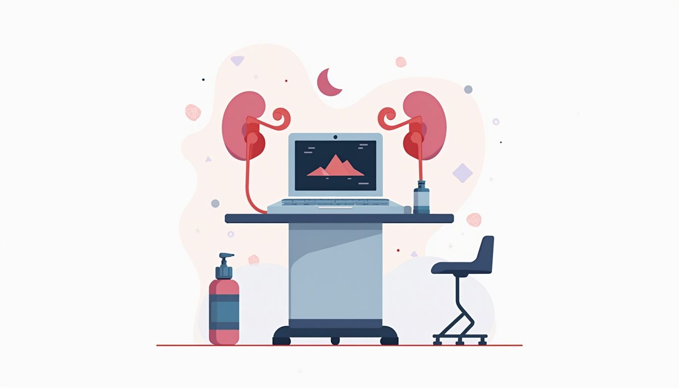 Minimalistische vectorillustratie van een medische opstelling met echotoestel.