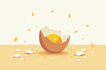 Vlakke illustratie van een gebroken ei met schalen en eigeel.