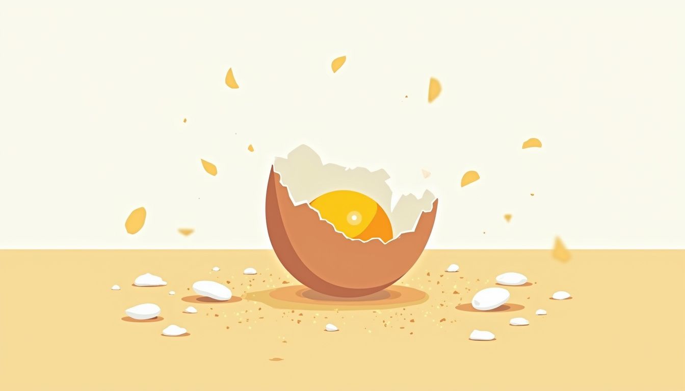 Vlakke illustratie van een gebroken ei met schalen en eigeel.