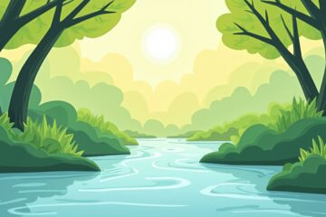 Minimalistische vectorillustratie van een rustige bosstroom met groene bladeren.