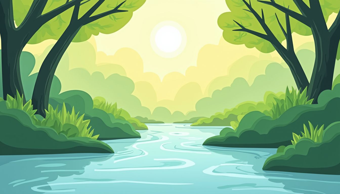 Minimalistische vectorillustratie van een rustige bosstroom met groene bladeren.