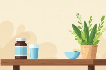 Minimalistische vectorillustratie van een glucosaminesupplement op een houten tafel.