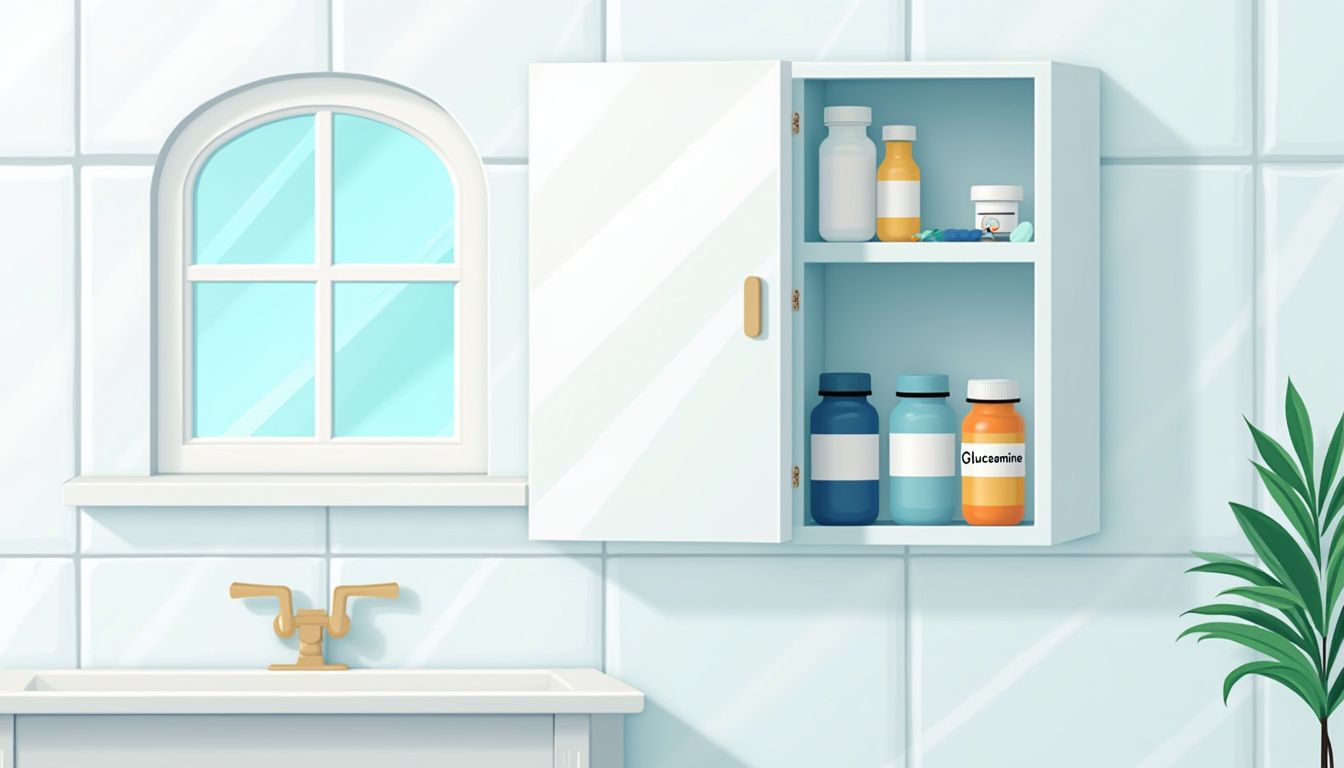 Minimalistisch badkamerkast met supplementenflessen in strakke geometrische vormen. Minimalistisch badkamerkast met supplementenflessen in strakke geometrische vormen.