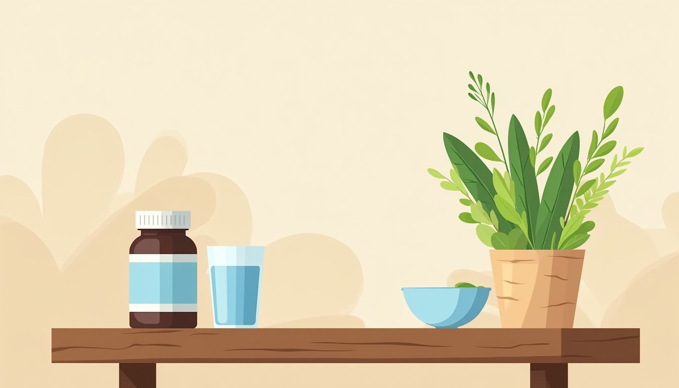 Minimalistische vectorillustratie van een glucosaminesupplement op een houten tafel.