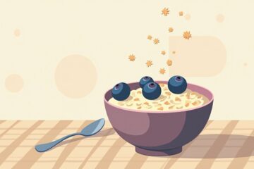 Minimalistische illustratie van een kom havermout met bessen en kaneel.